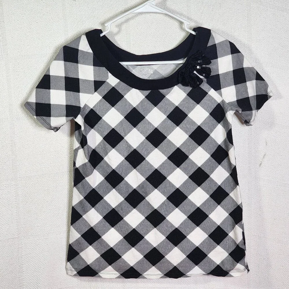 Justice Black White Check SS Black Sequin Bow Neckline Cotton Span Top Size 18 - Picture 1 of 16